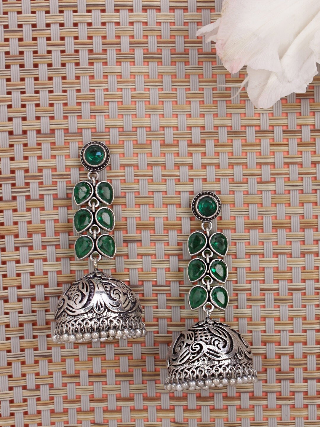 

Crunchy Fashion Green Silver-Plated Contemporary Jhumkas Earrings