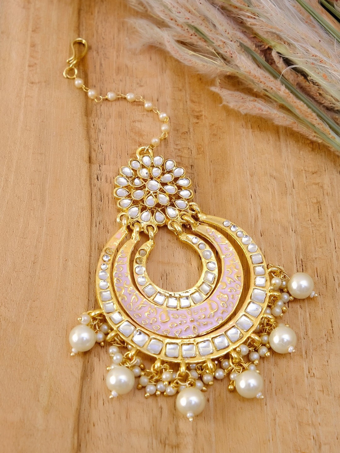 

Crunchy Fashion Peach colored & White Pearl Beaded Maang Tika