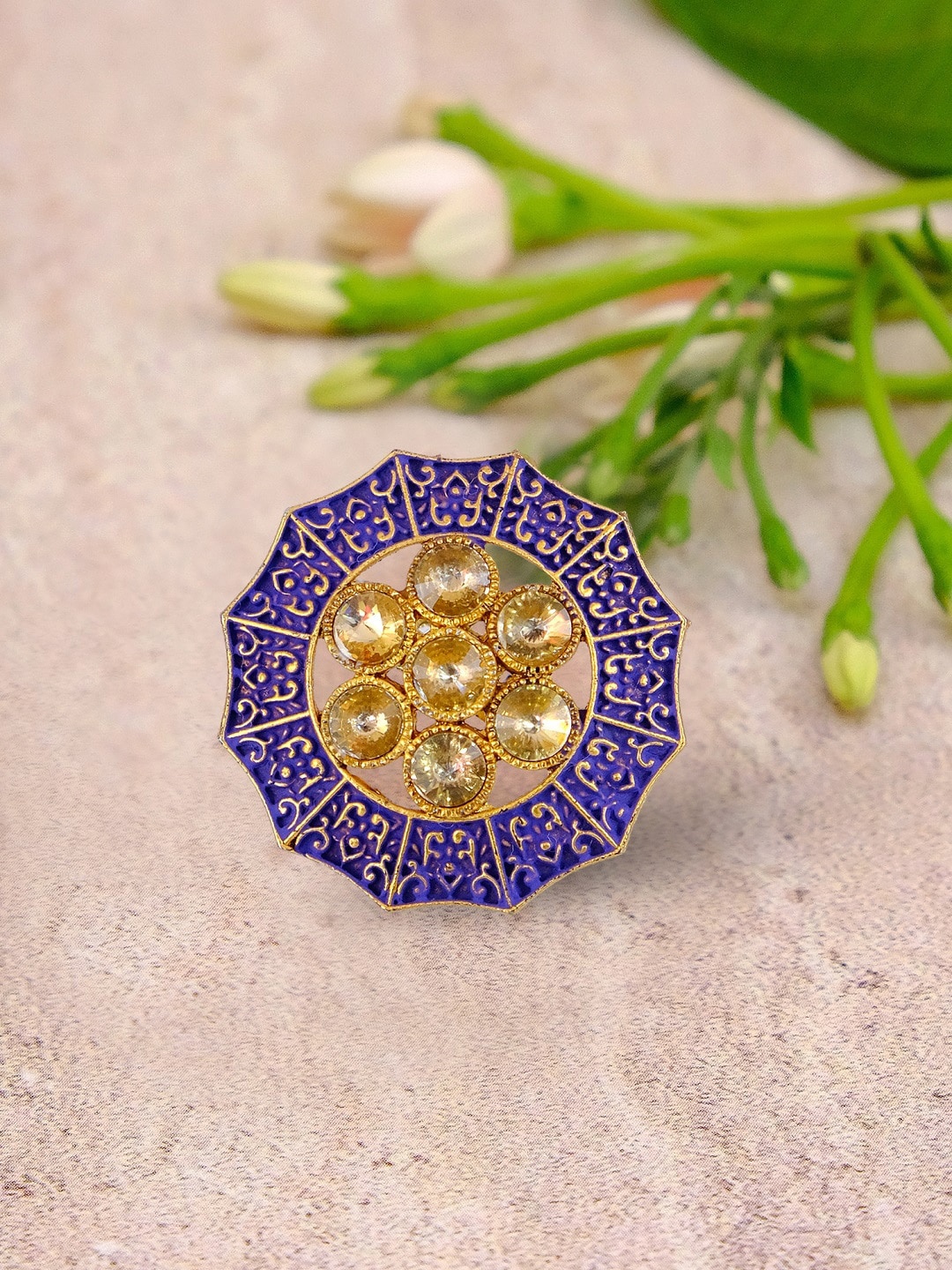 

Crunchy Fashion Gold-Plated White Stone-Studded Blue Enameled Antique Finger Ring