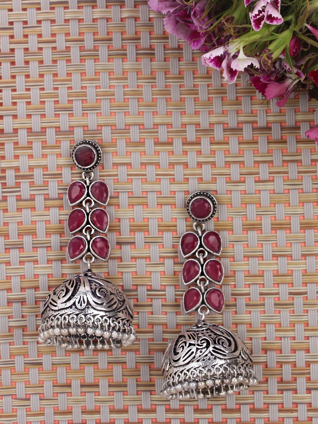 

Crunchy Fashion Pink & Silver-Toned Dome Shaped Jhumkas Earrings