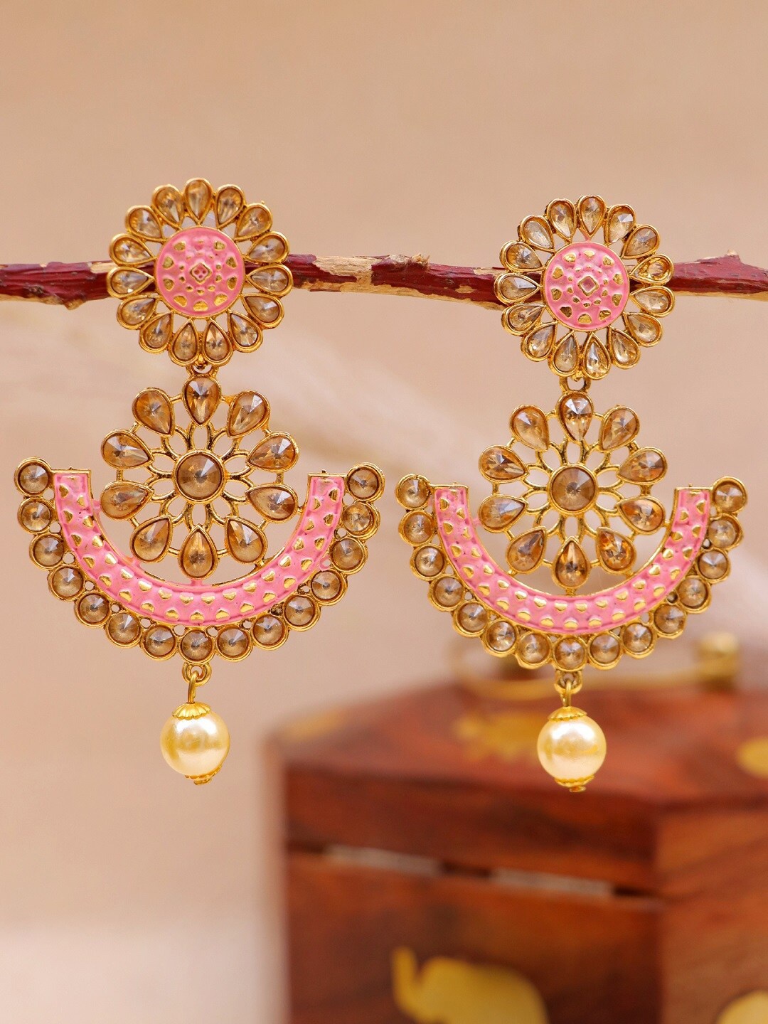 

Crunchy Fashion Peach-Coloured Floral Chandbalis Earrings