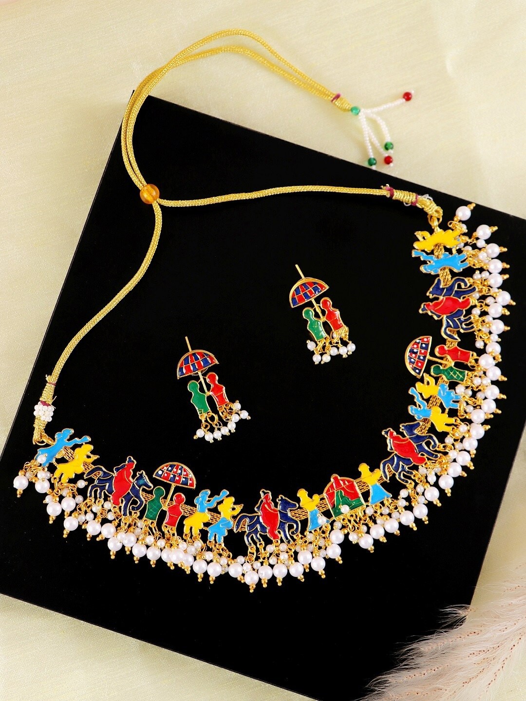 

Crunchy Fashion Gold-Plated Blue & White Pearl Beaded Meenakari Jewellery Set