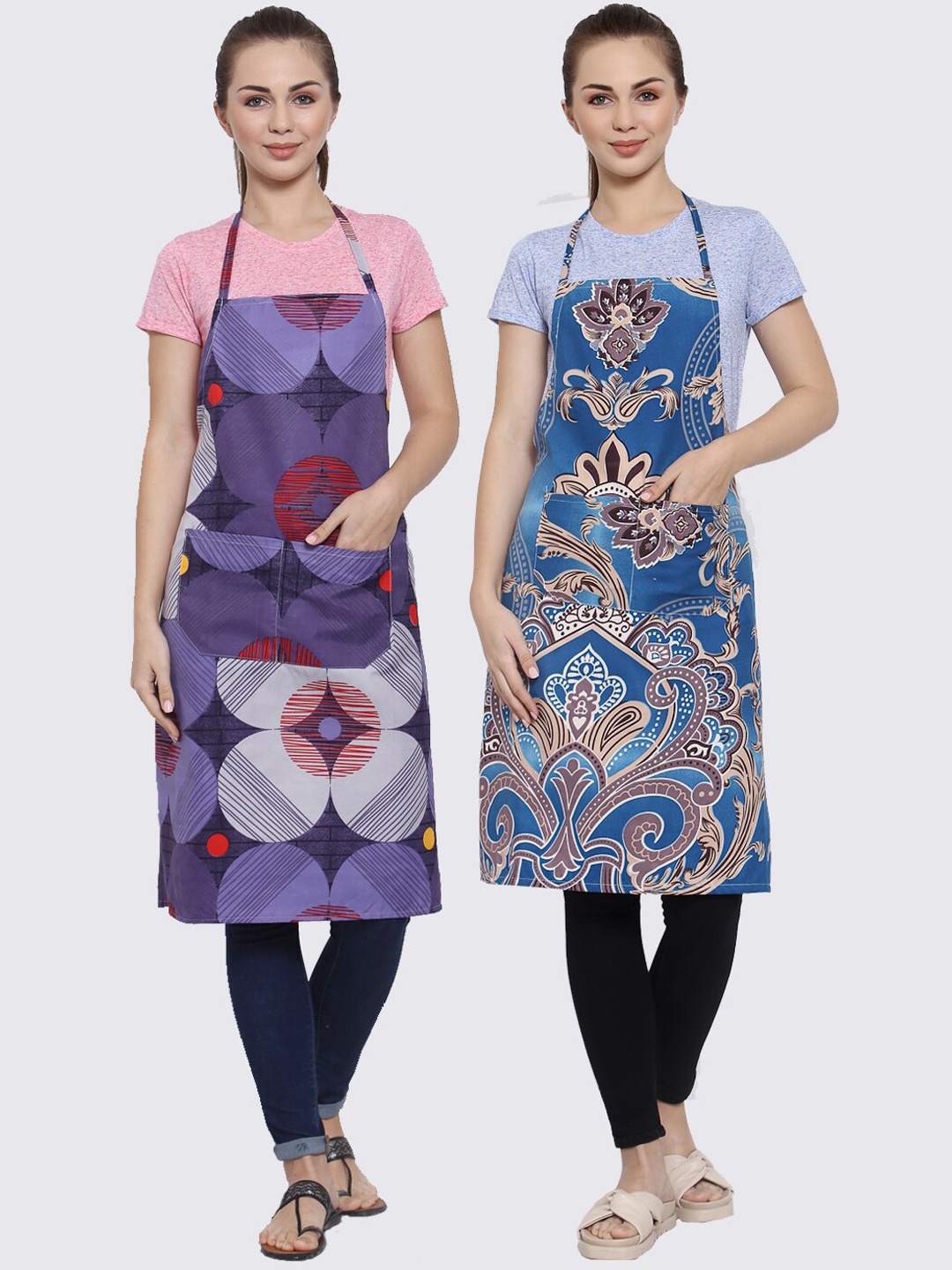 

Arrabi Pack of 2 Printed Apron With Pockets, Purple