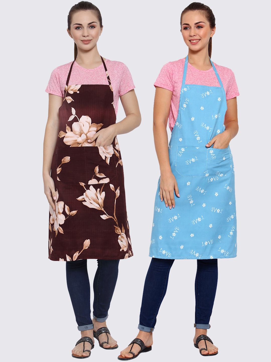 

Arrabi Pack of 2 Printed Apron With Pockets, Coffee brown