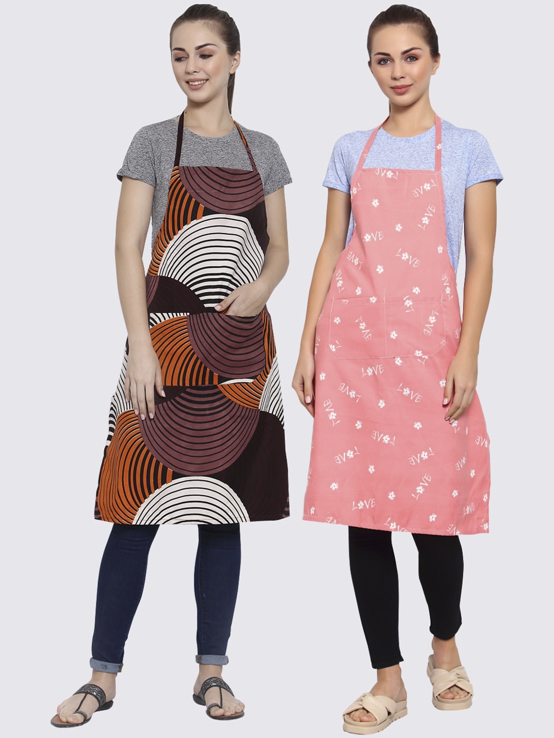 

Arrabi Pack of 2 Printed Apron With Pockets, Brown