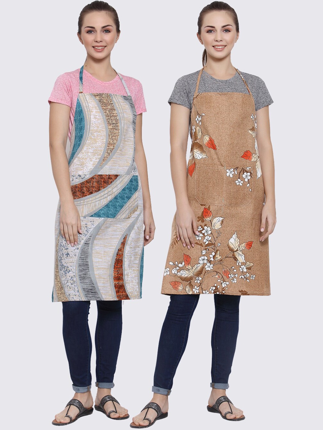 

Arrabi Pack of 2 Printed Apron With Pockets, Camel brown