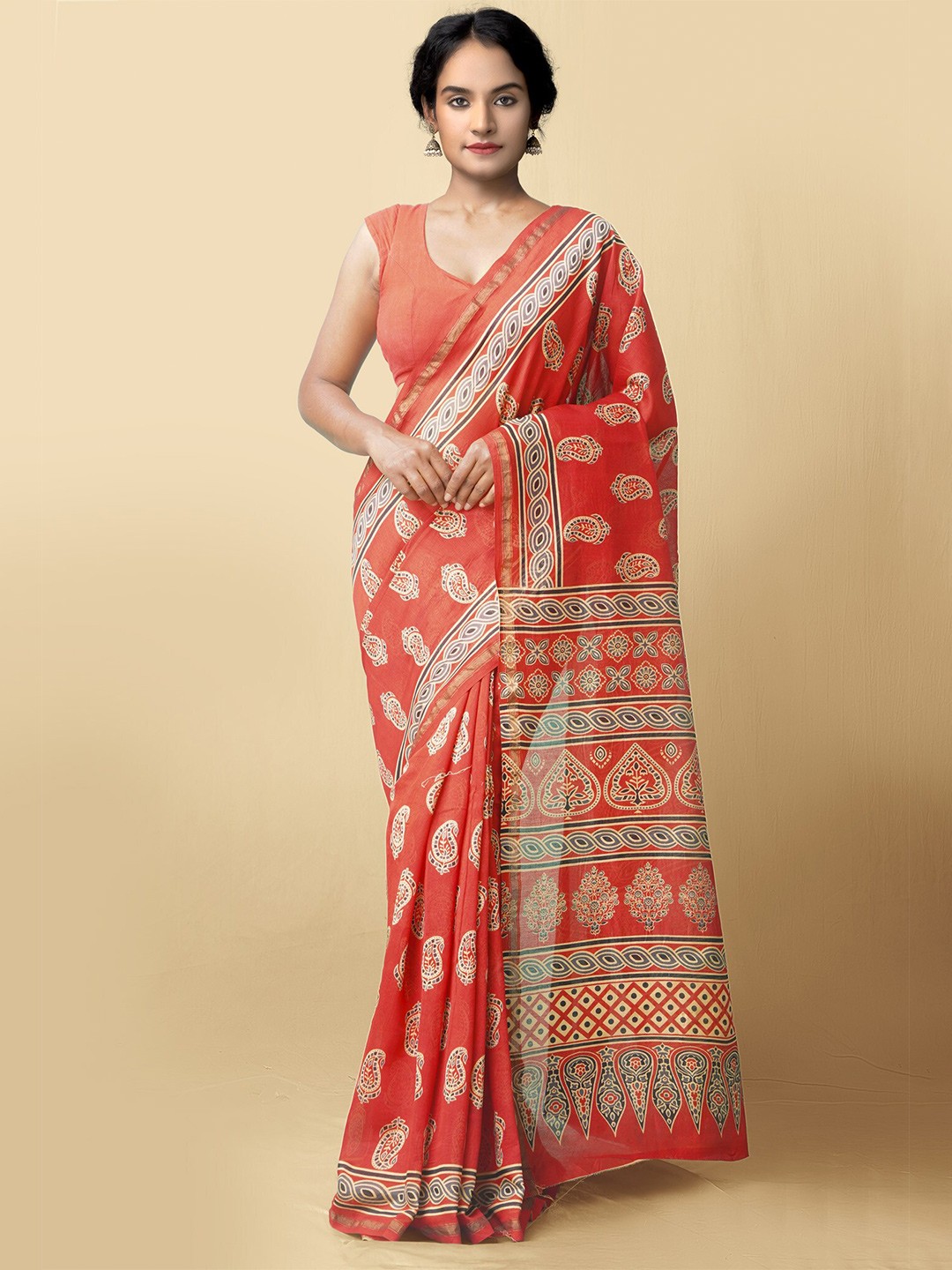 

Unnati Silks Red 7 White Ajrak Printed Silk Cotton Saree