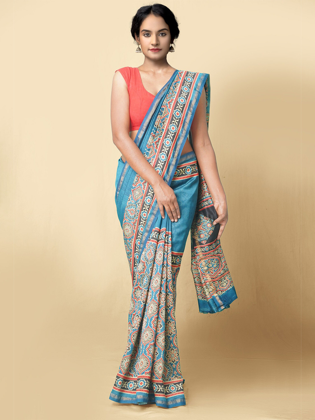 

Unnati Silks Blue & Red Silk Cotton Chanderi Saree