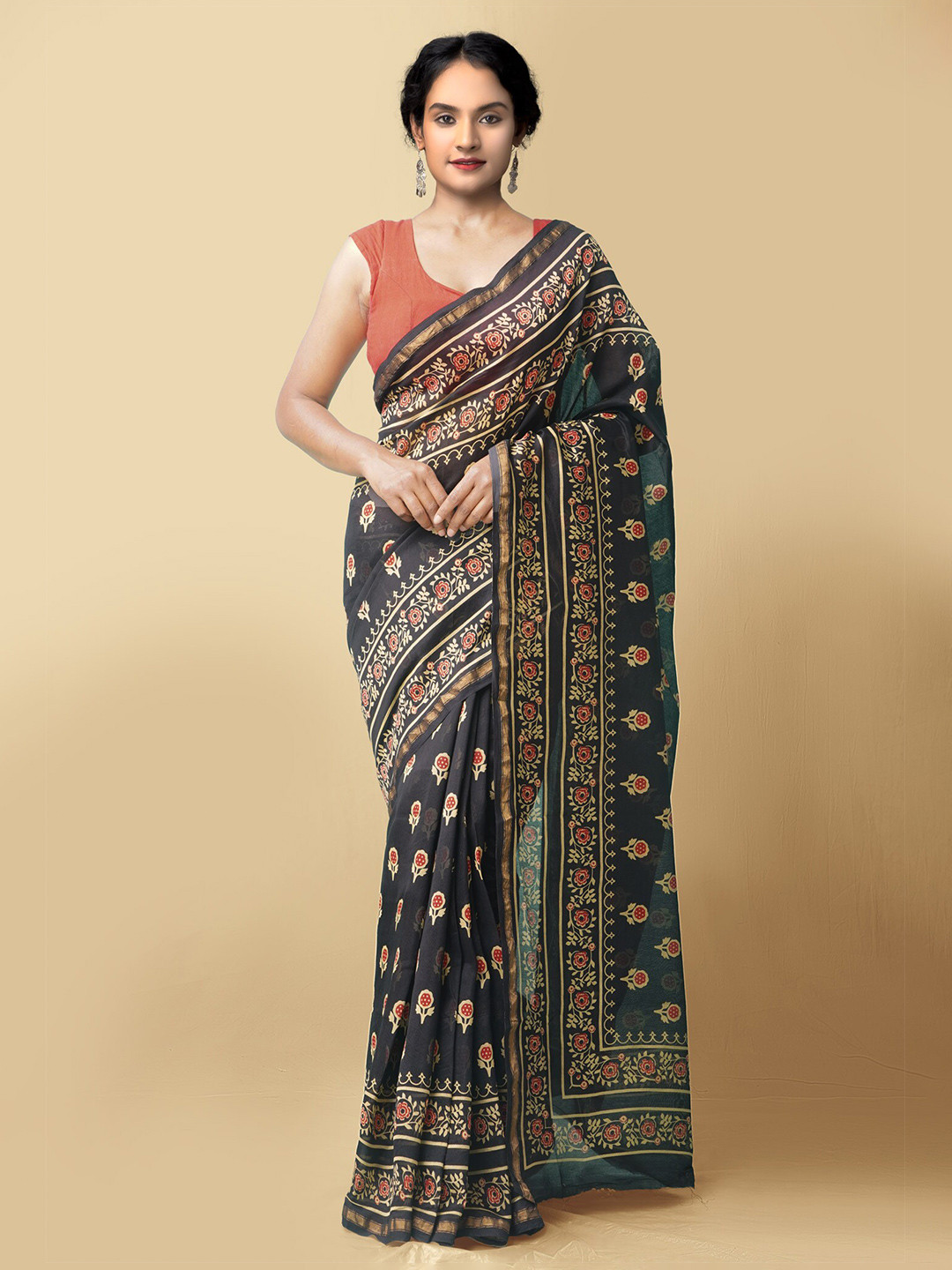 

Unnati Silks Black & Beige Zari Silk Cotton Chanderi Saree