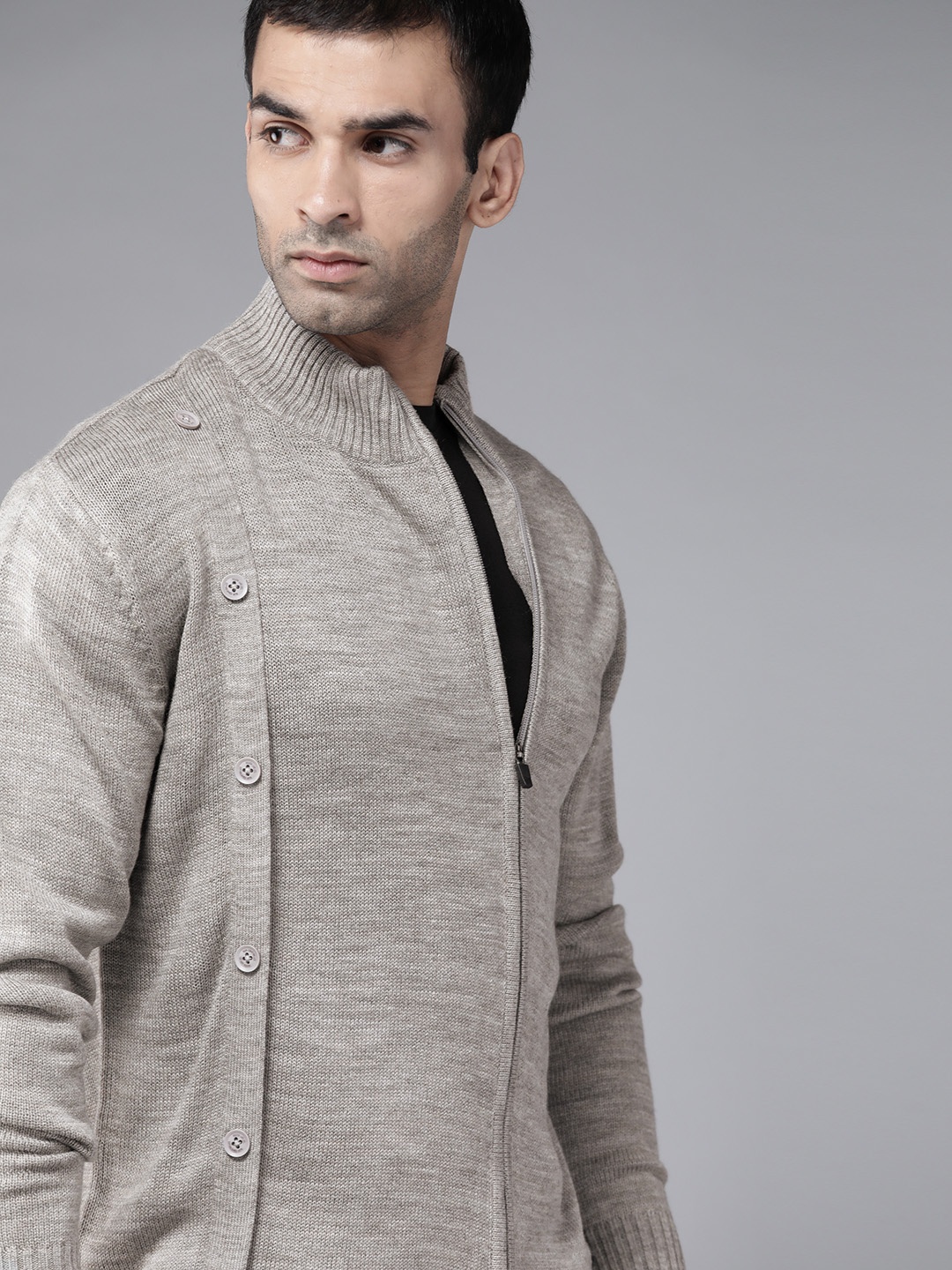 

The Roadster Lifestyle Co Men Grey Melange Solid Acrylic Regular Cardigan with Button Detail