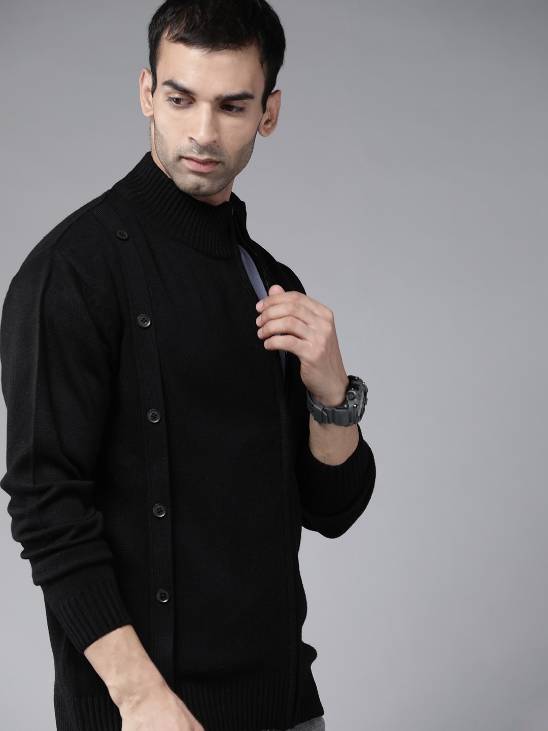 

The Roadster Lifestyle Co Men Black Solid Acrylic Regular Cardigan with Button Detail
