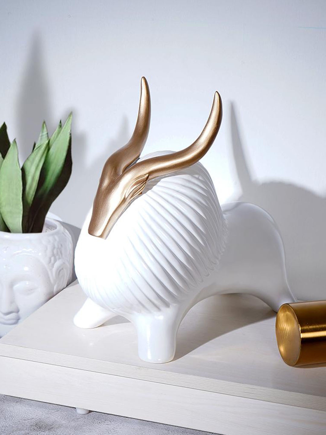 

THE ARTMENT White & Gold-Toned Horned Yak Table Accent Showpiece