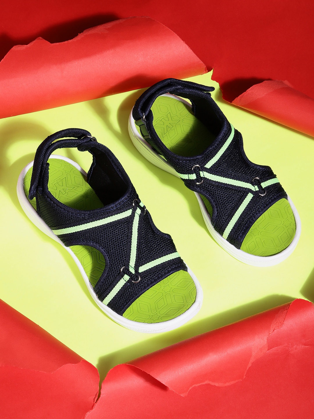 

Kook N Keech Women Navy Blue & Neon Green Woven Design Sports Sandals with Cut-Out