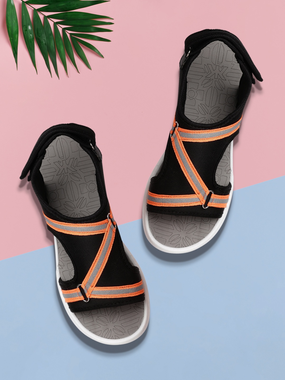 

Kook N Keech Women Black & Orange Striped Sports Sandals