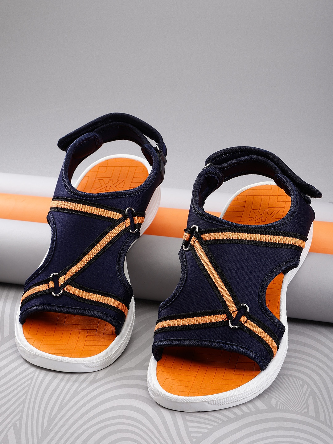 

Kook N Keech Women Navy & Orange Striped Sports Sandals, Navy blue