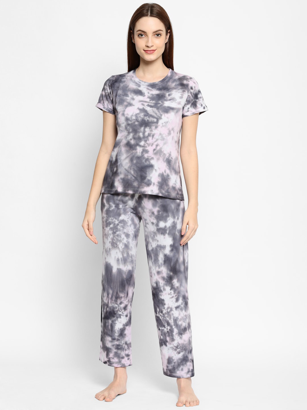 

HOUSE OF KKARMA Women Grey & White Tie & Dye Pure Cotton Night suit