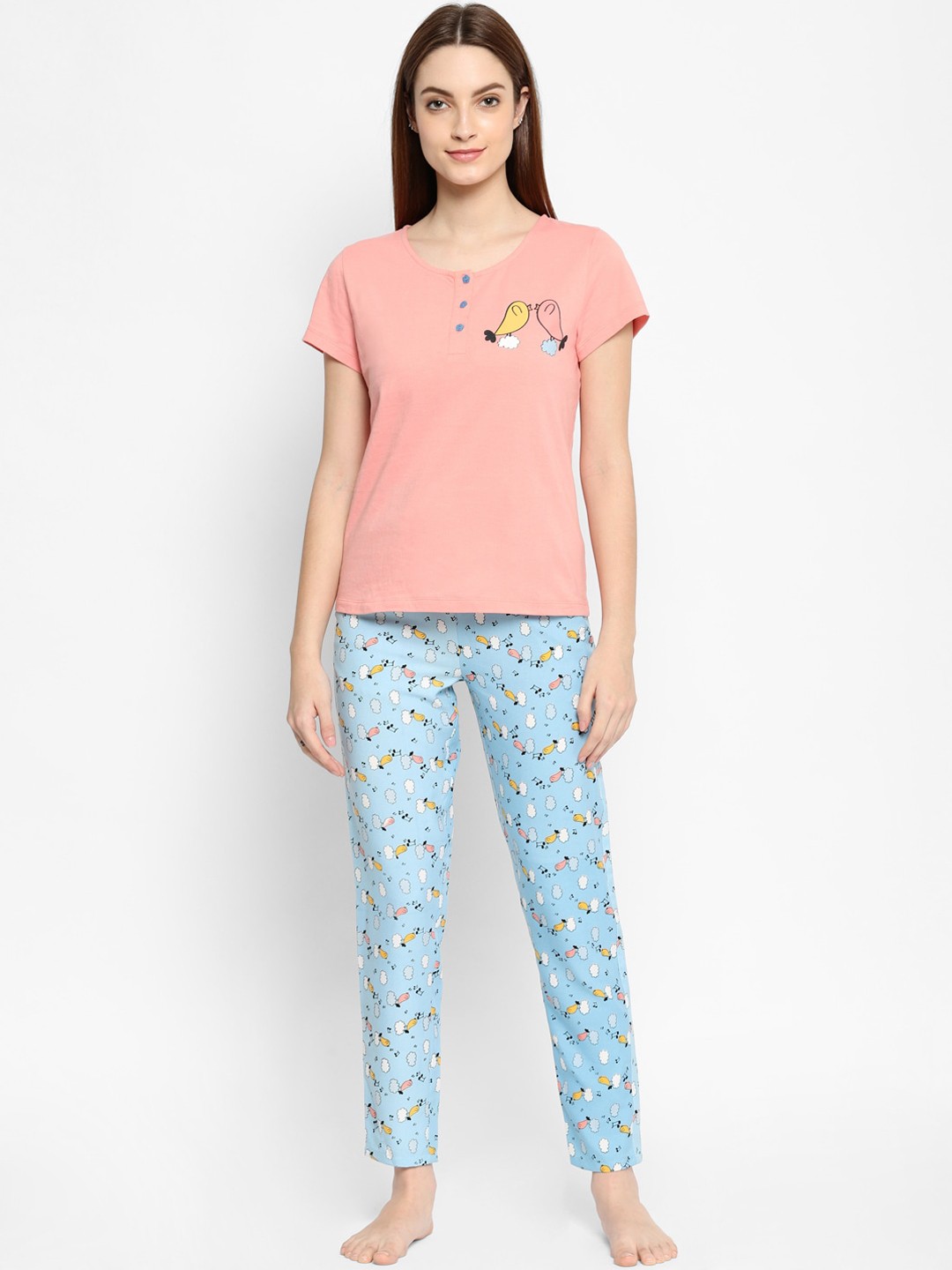 

HOUSE OF KKARMA Women Peach-Coloured & Blue Printed Pure Cotton Night suit