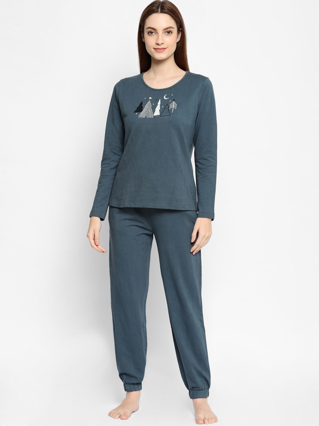 

HOUSE OF KKARMA Women Grey Pure Cotton Printed Night suit
