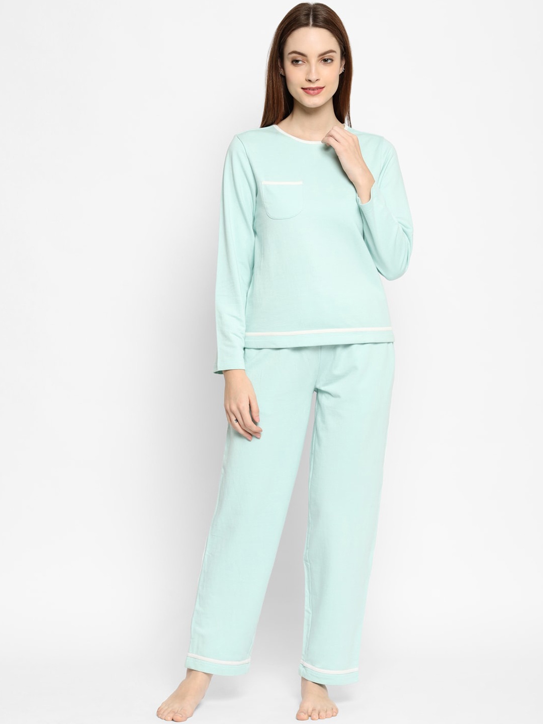 

HOUSE OF KKARMA Women Sea Green & White Pure Cotton Night suit