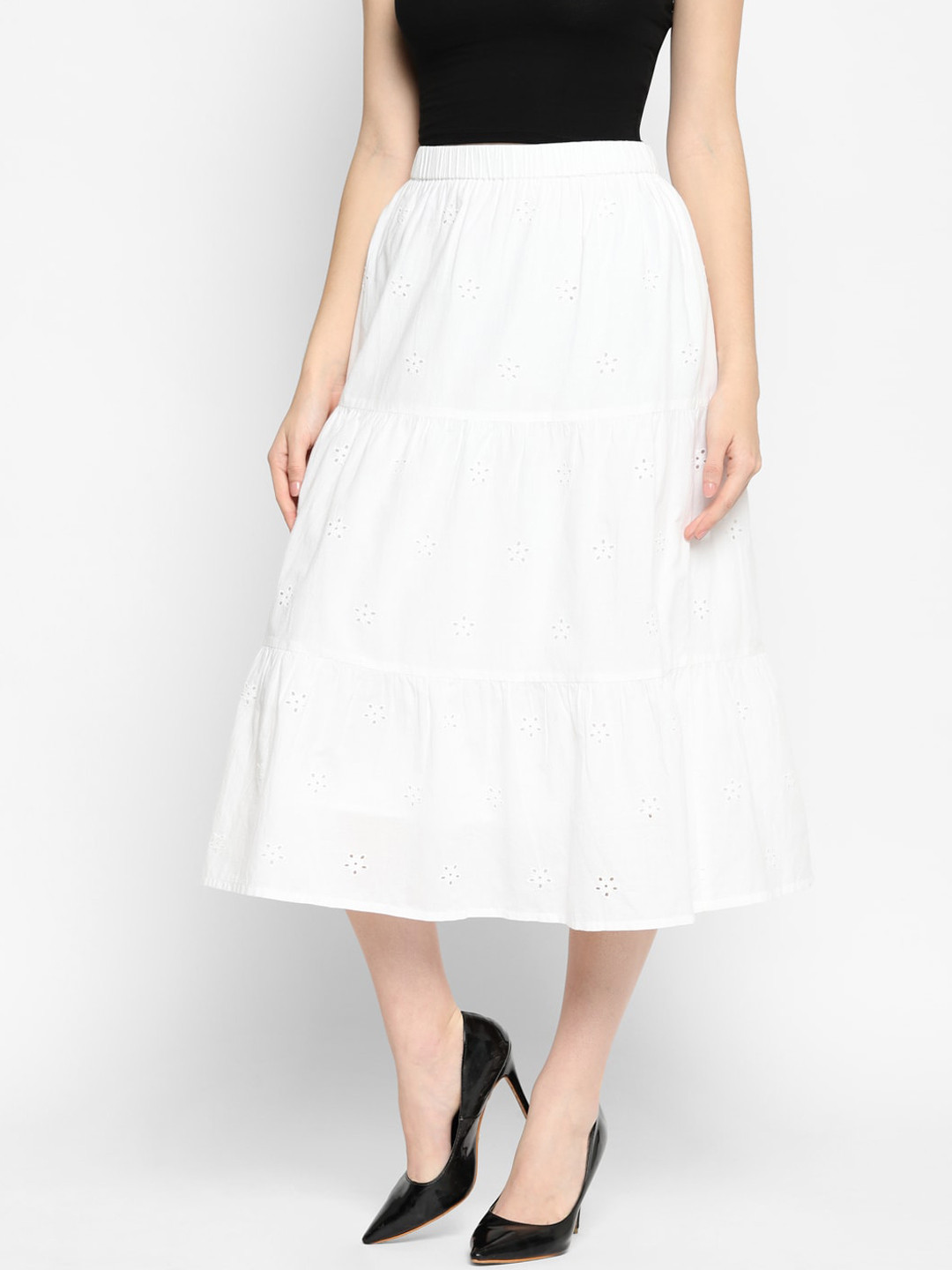 

HOUSE OF KKARMA White Solid Schiffli Tiered Pure Cotton Midi-Skirt