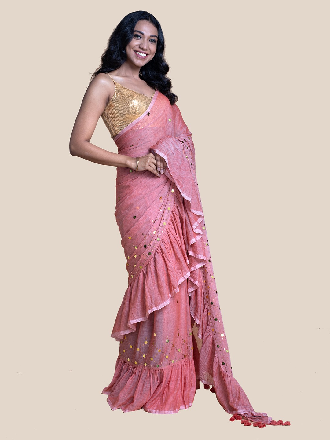 

Suta Coral Pink Embellished Pure Cotton ruffle Saree