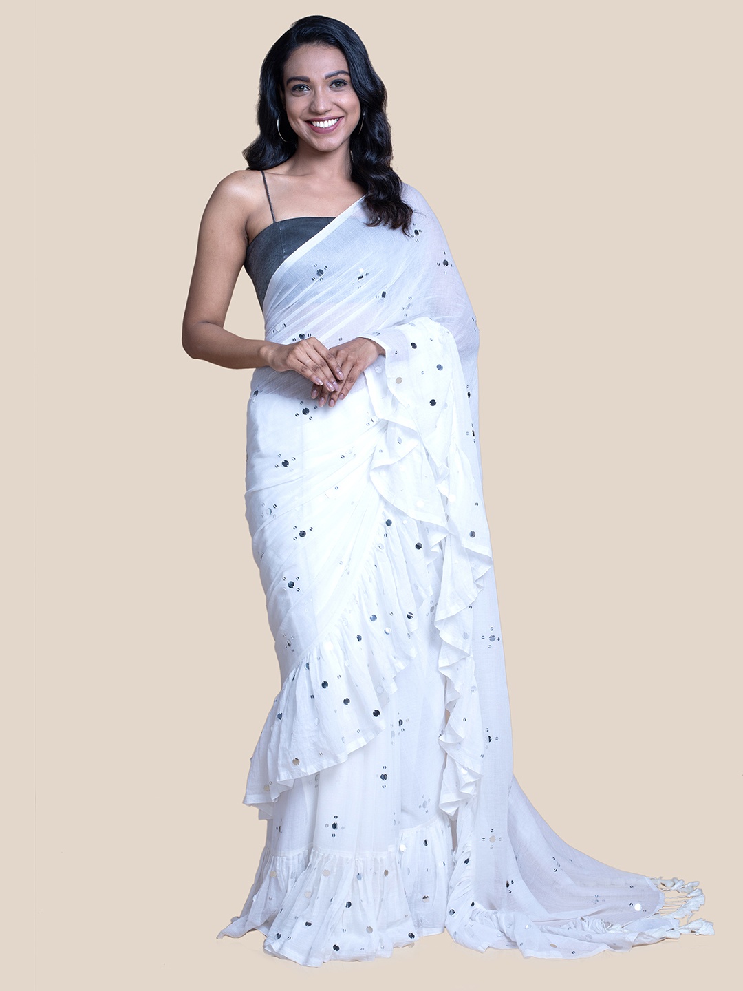 

Suta White Embellished Sequinned Pure Cotton ruffle Saree