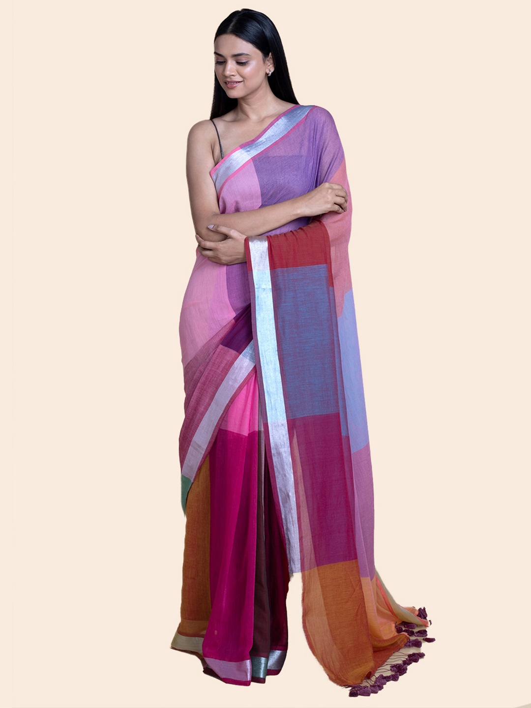 

Suta Multicoloured Colourblocked Zari Pure Handloom Cotton Saree, Blue