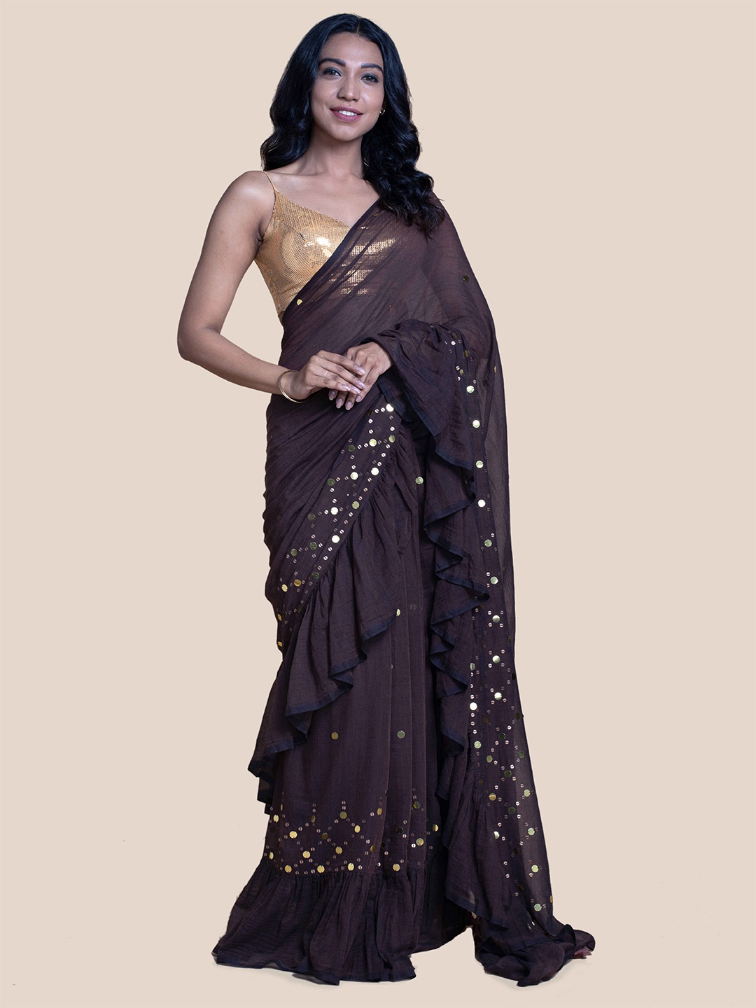 

Suta Brown & Gold-Toned Embellished Pure Cotton Ruffle Saree