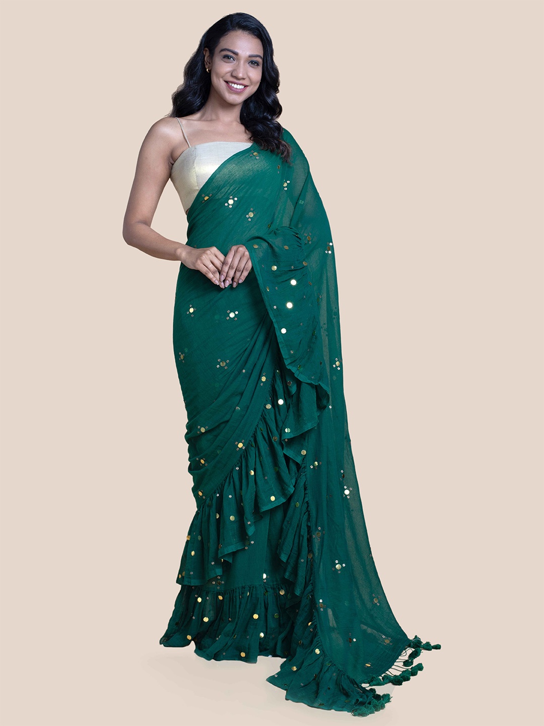 

Suta Olive & Gold-Toned Embellished Sequinned Pure Cotton Mul Ruffle Saree