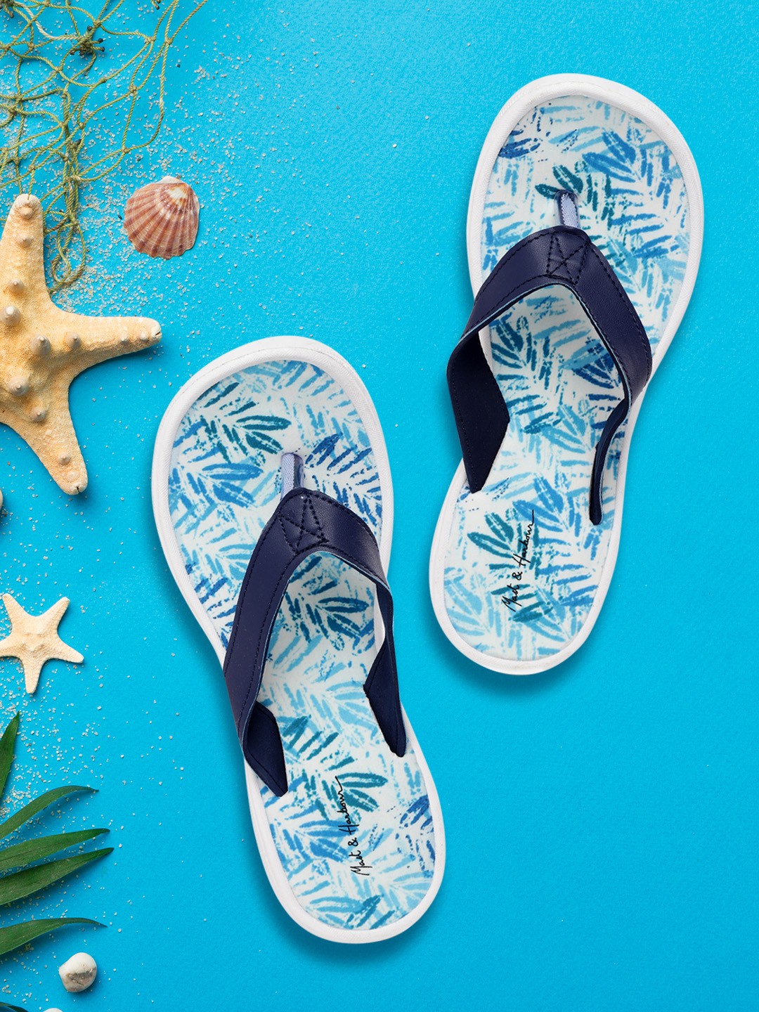 

Mast & Harbour Women White & Blue Leaf Print Thong Flip-Flops