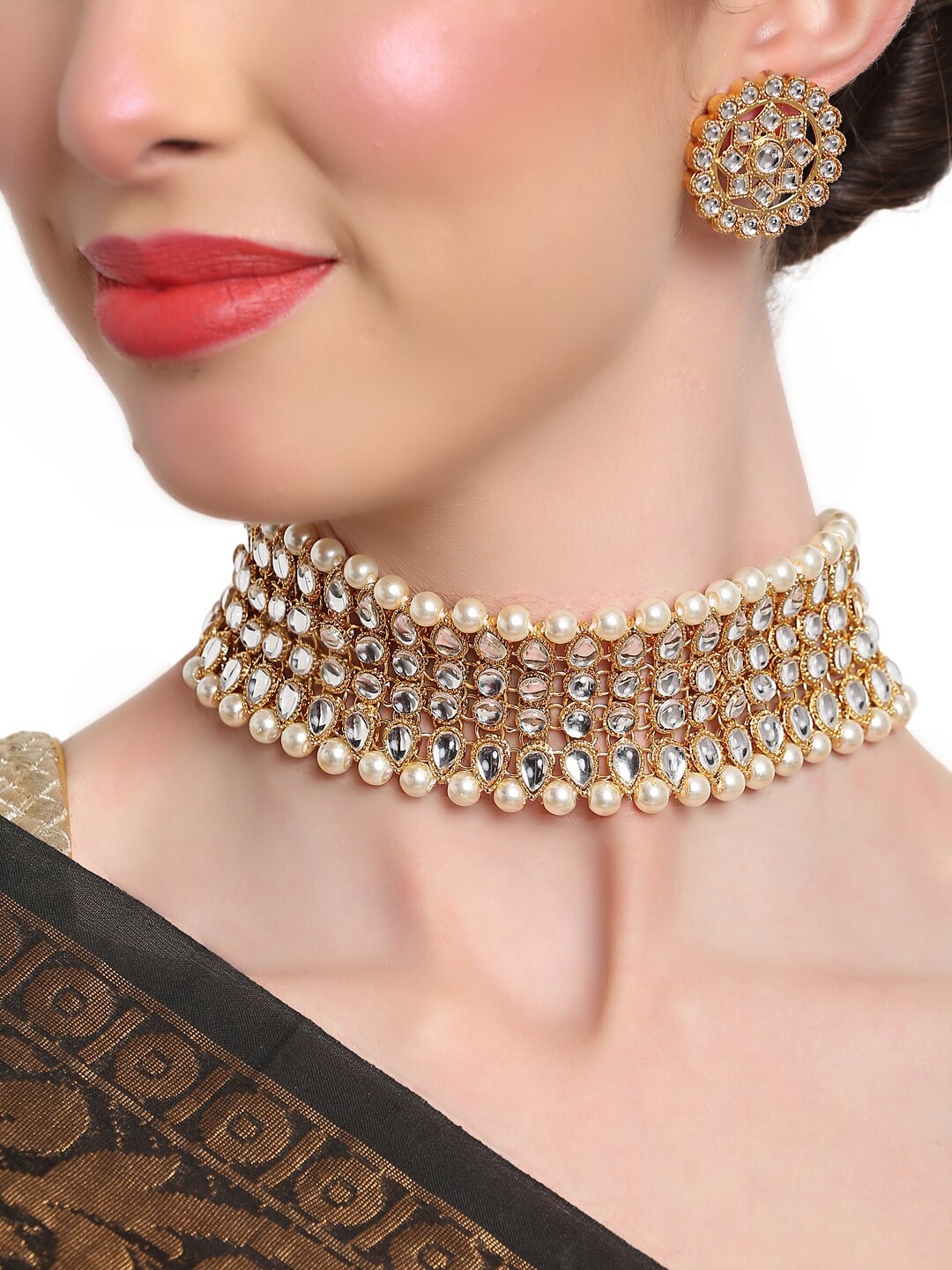 

Shining Diva Gold Plated White Kundan & Pearl Studded Choker Jewellery Set