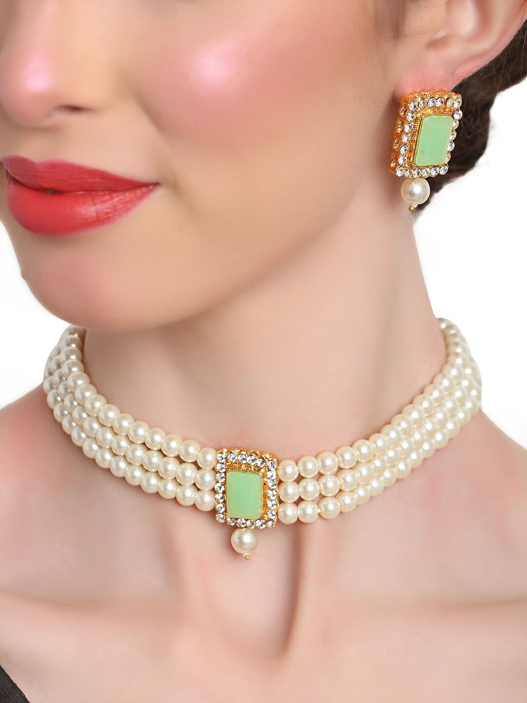 

Shining Diva Women Green Pearls Beaded Choker Jewellery Set