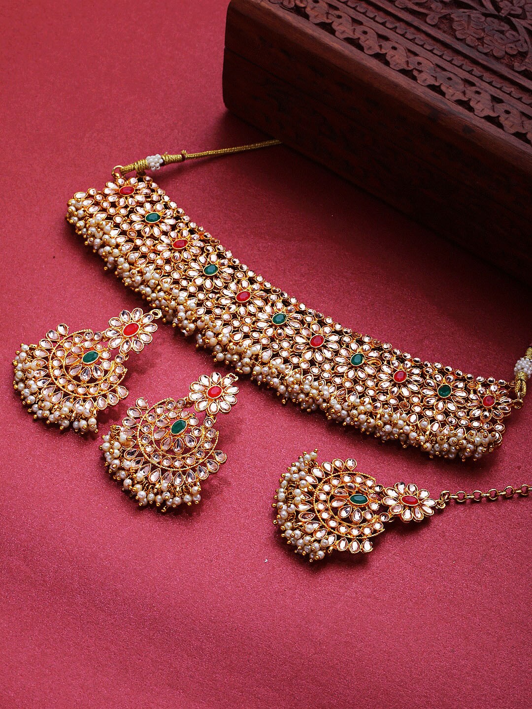

Shining Diva Women Multicoloured & Gold Plated Crystal Studded Jewellery Set, Multi