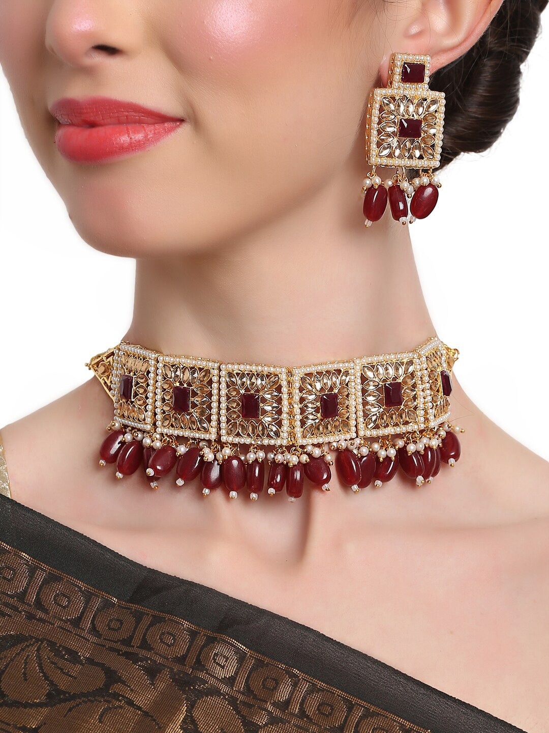 

Shining Diva Maroon & Gold Toned Gold Plated & Beaded Choker Set