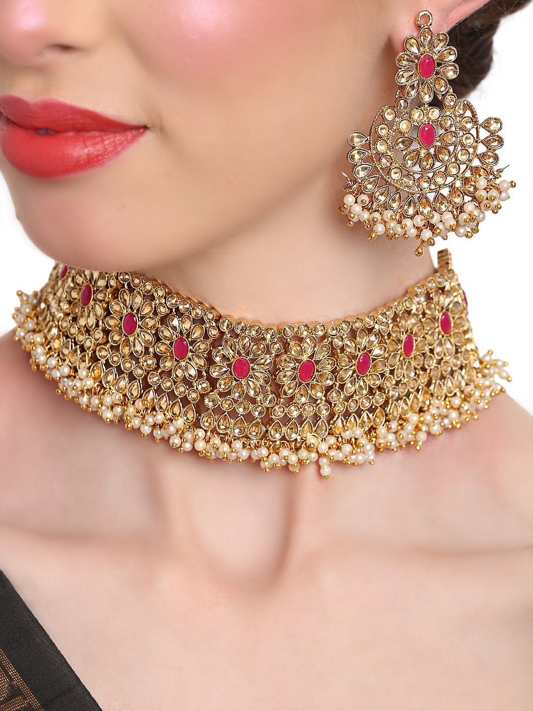 

Shining Diva Gold-Plated Kundan-Studded Handcrafted Jewellery Set, Red