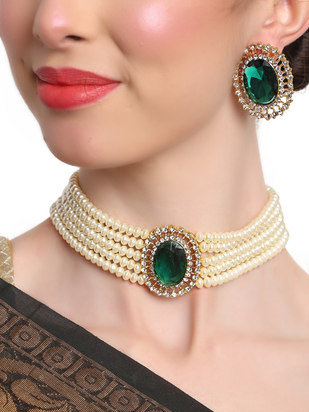 

Shining Diva Women Green & White-Toned Crystal Studded Jewellery Set