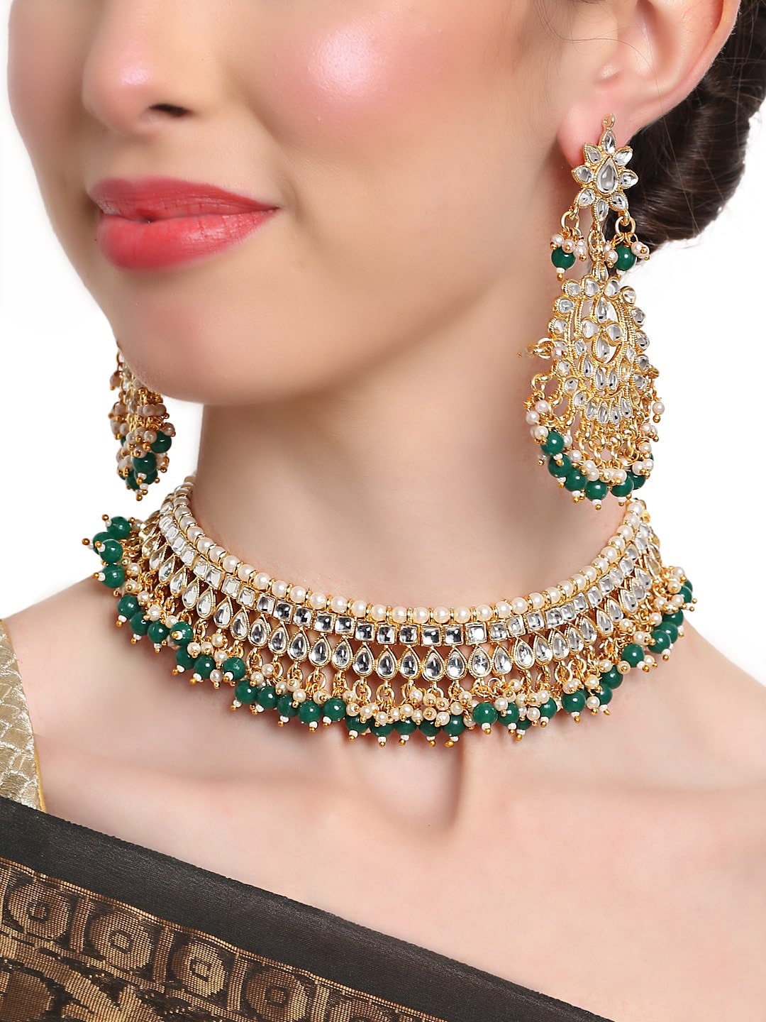 

Shining Diva Gold-Plated Green Kundan-Studded Handcrafted Jewellery Set