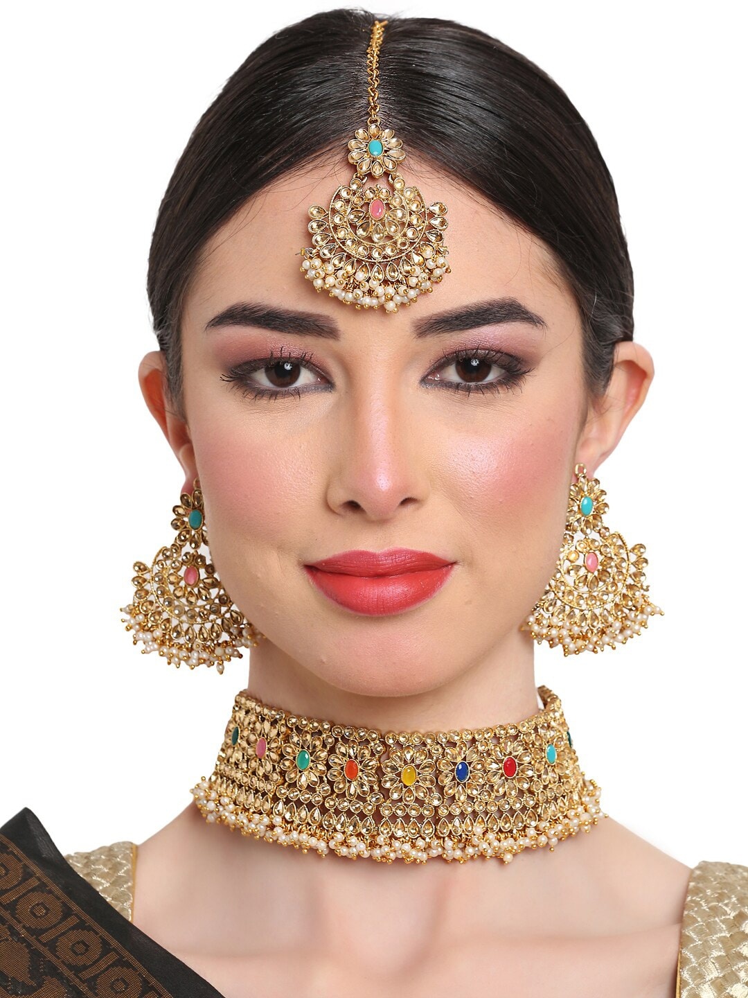 

Shining Diva Women Kundan Studded Choker Jewellery Set, Multi