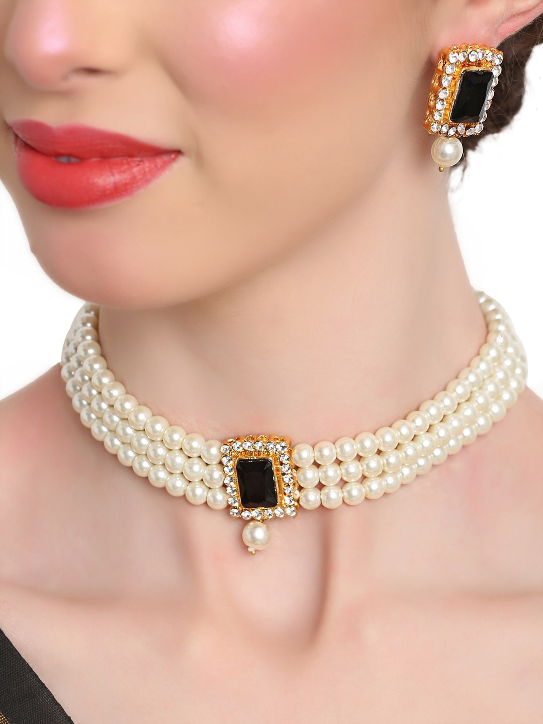

Shining Diva Women Black & White-Toned Crystal Studded Jewellery Set