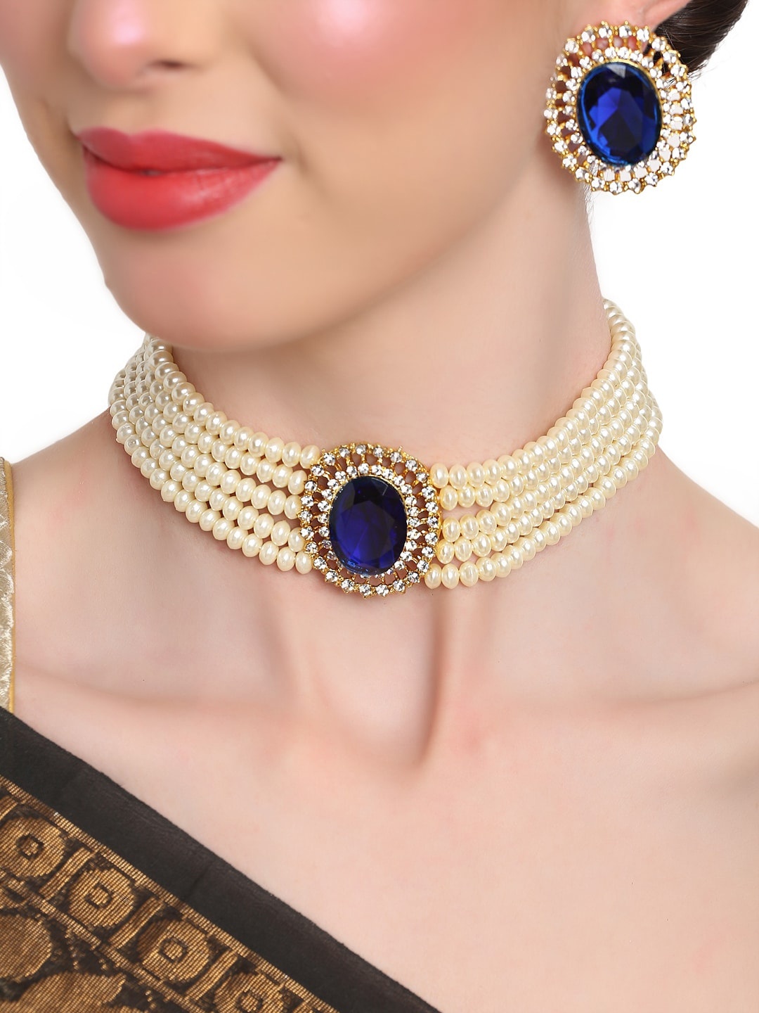 

Shining Diva Women Blue Pearls Beaded & Kundan Studded Choker Jewellery Set
