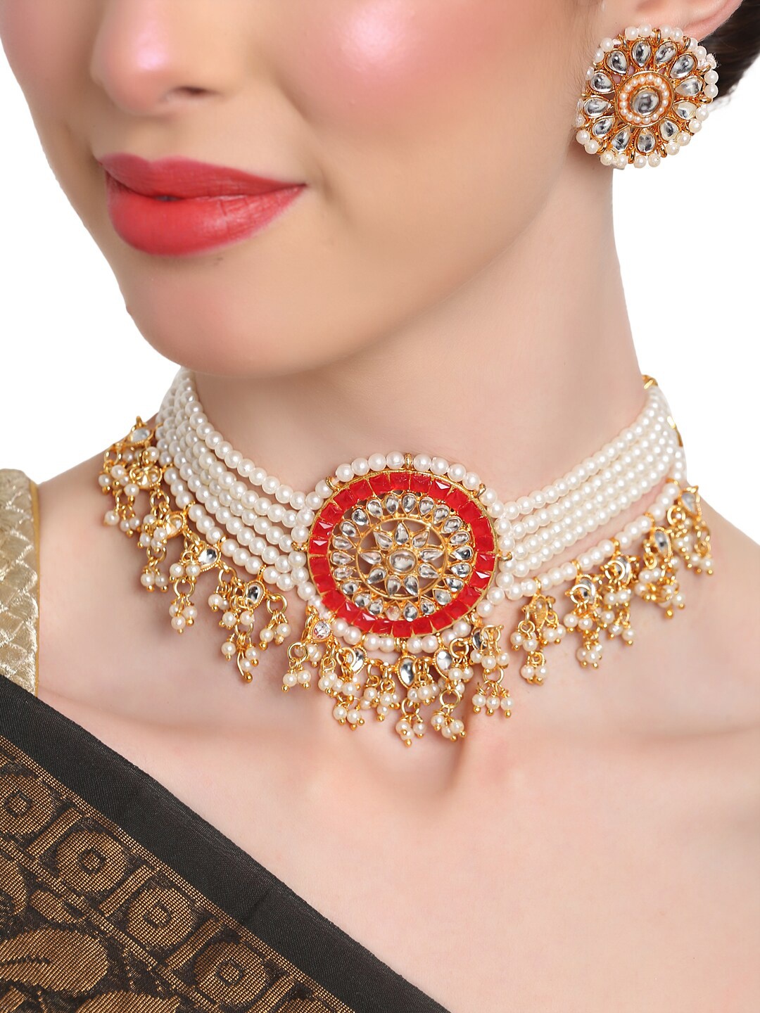 

Shining Diva Women Red & Gold-Toned & Plated Crystal Studded Jewellery Set