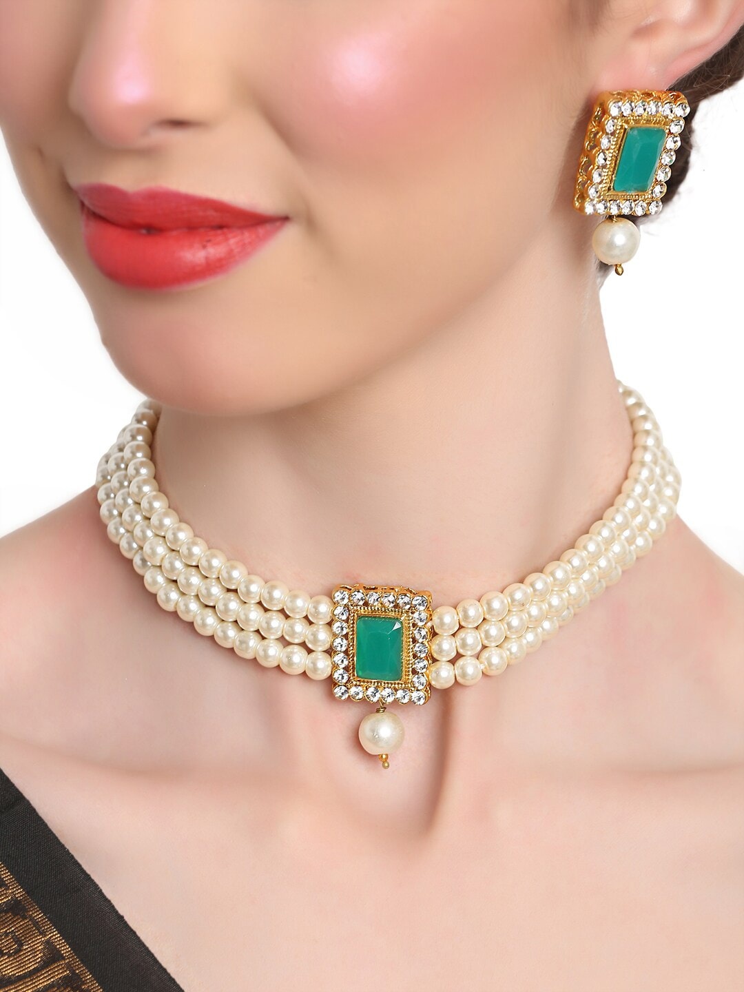 Shining Diva Woman Pearl Jewellery Set, Green