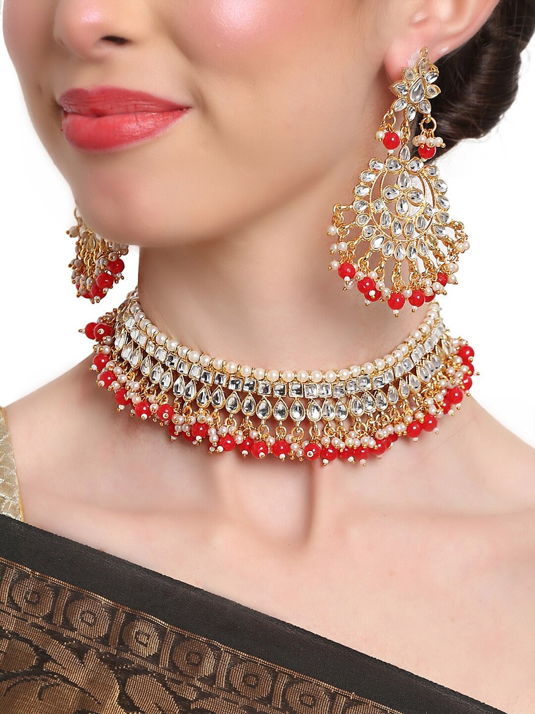 

Shining Diva White & Red Gold Plated Studded Necklace