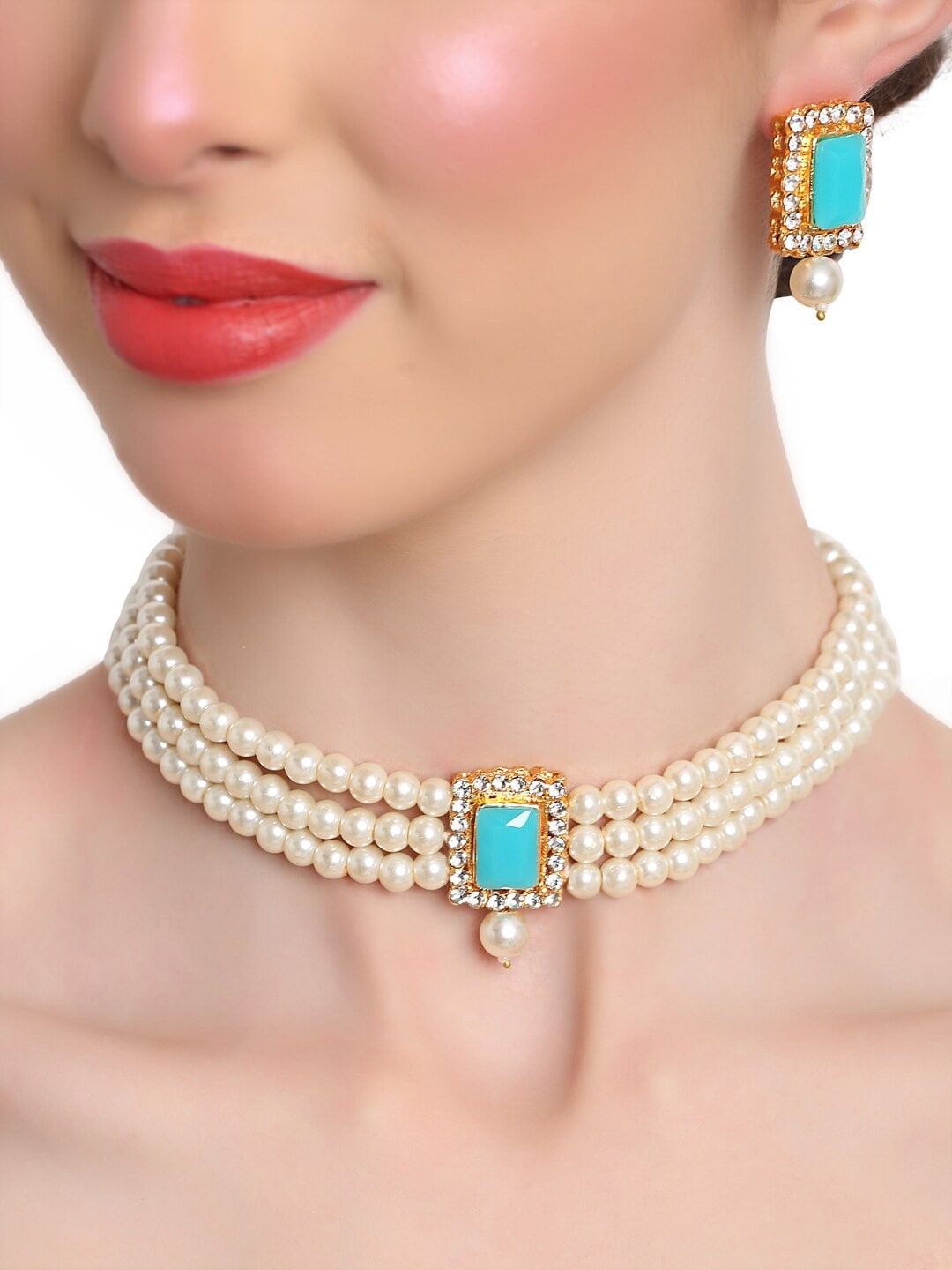 Shining Diva Woman Pearl Jewellery Set, Blue