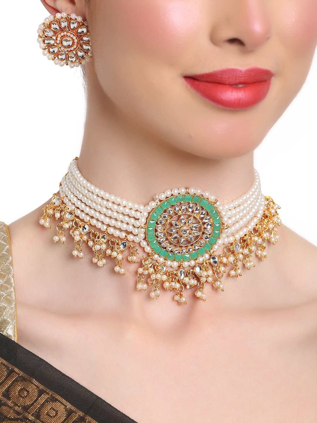 

Shining Diva Gold-Plated Pearl & Kundan-Studded Handcrafted Jewellery Set