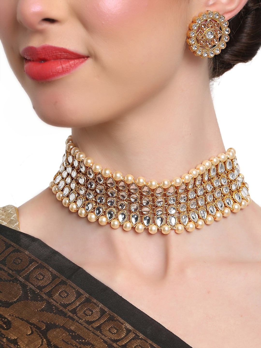 

Shining Diva Gold-Plated Kundan-Studded Handcrafted Jewellery Set, Cream