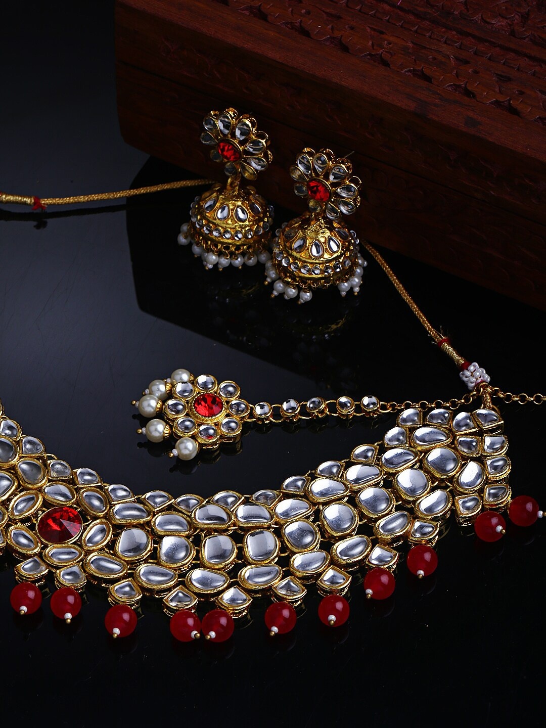 

Shining Diva Women Red & Gold-Toned & Plated Crystal Studded Jewellery Set