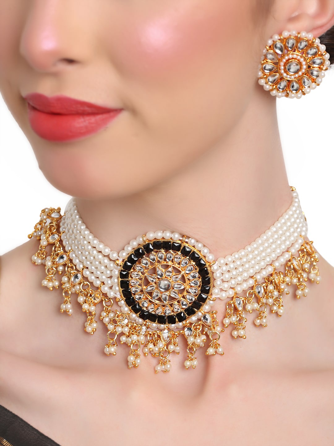 

Shining Diva White & Gold Toned Gold Plated & Beaded Choker Set