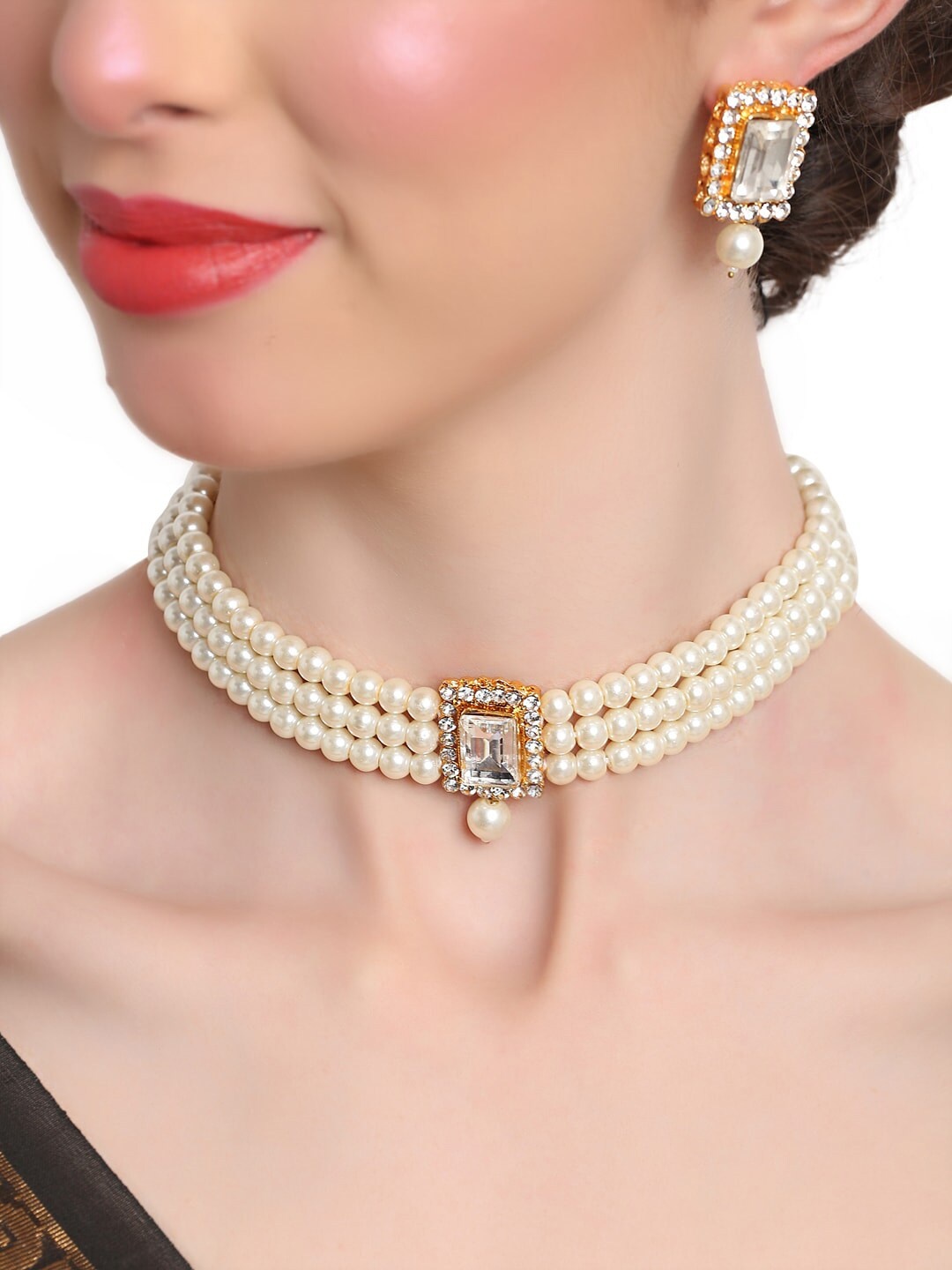 

Shining Diva Women White Pearls Beaded & Kundan Studded Choker Jewellery Set
