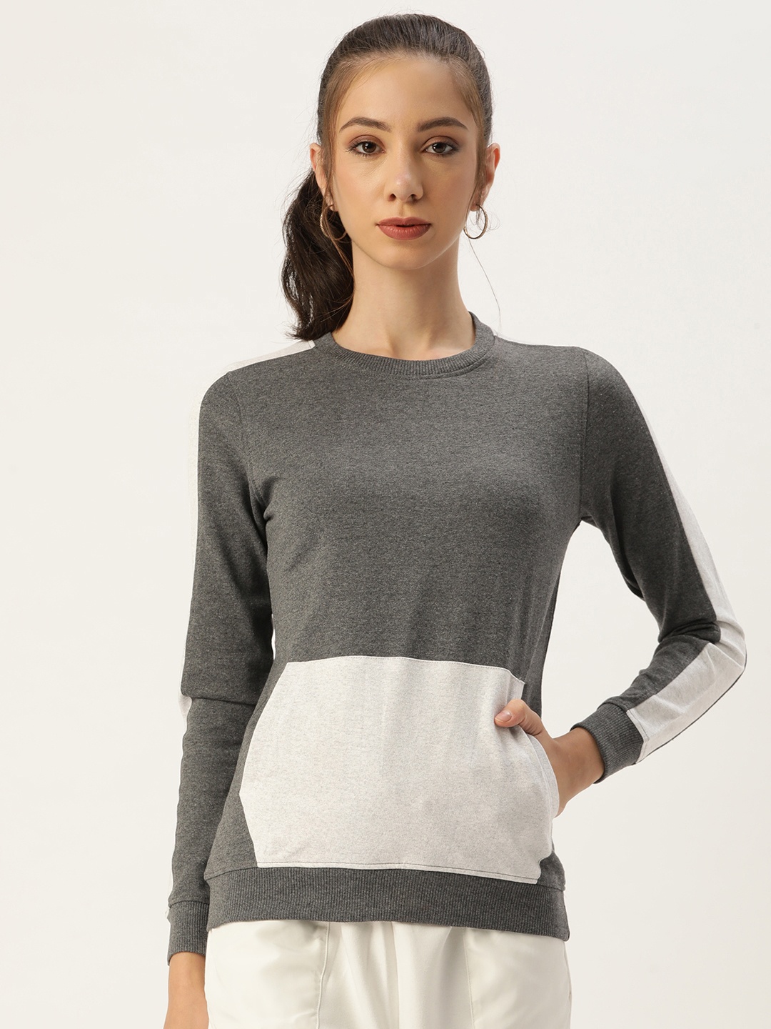 

ARISE Women Charcoal Grey & White Colourblocked Sweatshirt
